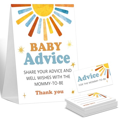 Baby Shower Games Baby Ratschläge Karten für werdende Eltern, 1 stehendes Schild und 50 Karten, Hier kommt die Sonne, Sonnenschein geschlechtsneutrale Babyparty-Dekoration, Gender Reveal Party Games von Sxurt