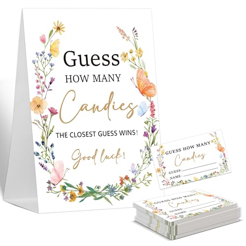 Guess How Many Baby Shower Games Guess How Many Candies, 1 Standing Sign and 50 Cards, Baby in Bloom Wildflowers Gender Neutral Baby Shower Decoration, Gender Reveal Party Games Supplies-LT25 von Sxurt