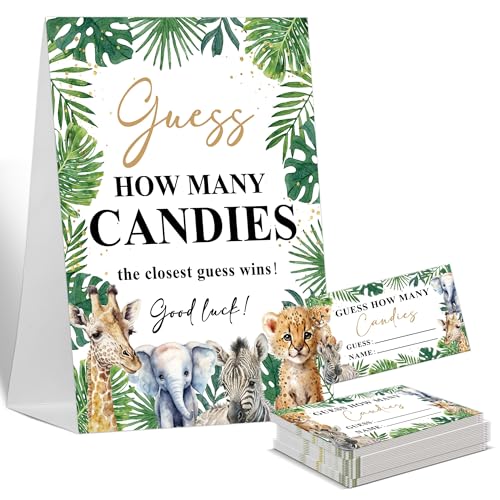 Guess How Many Baby Shower Games Guess How Many Candies, 1 Standing Sign and 50 Cards, Safari Jungle Wild Animal Gender Neutral Baby Shower Decoration, Gender Reveal Party Games Supplies-LT41 von Sxurt