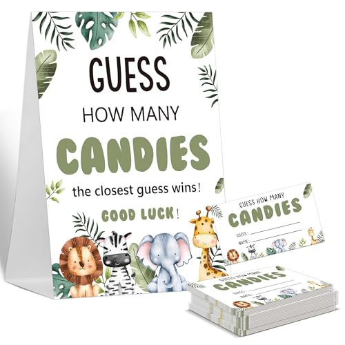 Guess How Many Baby Shower Games Guess How Many Candies, 1 Standing Sign and 50 Cards, Safari Jungle Wild Animal Gender Neutral Baby Shower Decoration, Gender Reveal Party Games Supplies-LT49 von Sxurt