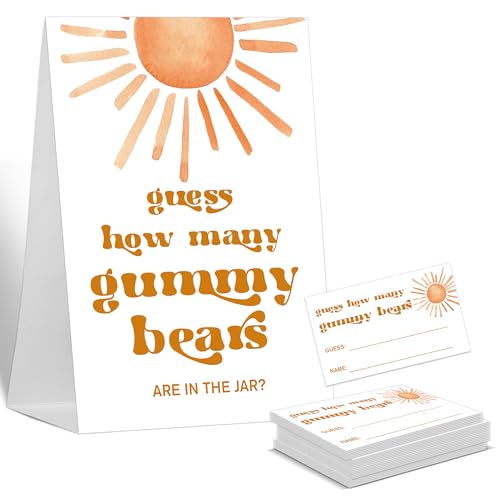 Guess How Many Baby Shower Games Guess How Many Gummy Bears, 1 Standing Sign and 50 Cards, Here Comes The Sun, Sunshine Gender Neutral Baby Shower Decoration, Gender Reveal Party Games Supplies-LT7 von Sxurt