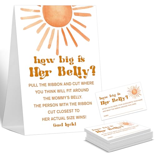 Guessing Baby Shower Games How Big is Mommy's Belly, 1 Standing Sign and 50 Cards, Here Comes the Sun, Sunshine Gender Neutral Baby Shower Decoration, Gender Reveal Party Games Supplies-LT2 von Sxurt