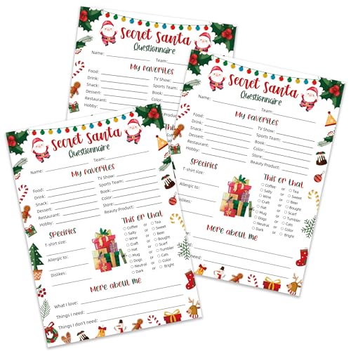 Wichtel-Fragebogenkarten, füllen Sie die leeren Geschenkaustauschformulare für Weihnachtsaktivitäten, Büro, Familie, Klassenzimmer und Freunde Feiertagsfeiern, Wichtelgeschenke, 25 von Sxurt