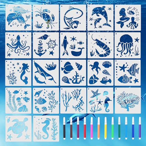 Sxutop 22 Stück Meer Tier Malerei Schablonen Kunststoff Meer Kreaturen Schablonen Malschablone Ozean mit 12 Bürsten Wiederverwendbar Zeichenschablonen für DIY Handwerk Scrabooking Holz Wand (13x13cm) Sxutop 22 Stück Meer Tier Malerei Schablonen Kunststoff Meer Kreaturen Schablonen Malschablone Ozean mit 12 Bürsten Wiederverwendbar Zeichenschablonen für DIY Handwerk Scrabooking Holz Wand (13x13cm) von Sxutop
