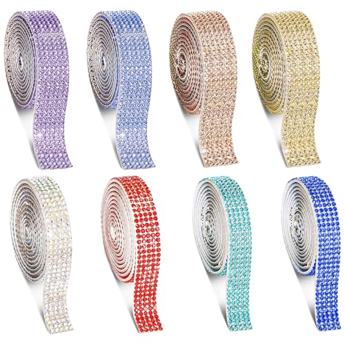 Sxutop 8 Rollen Kristall Strassband Selbstklebend Bunt Diamant Strass Band Glitzer Klebeband Strass 8 Farben Strasssteine Band Selbstklebend für Kunsthandwerk Auto Telefon (5/7 Reihen,1 Yard/Rollen) von Sxutop
