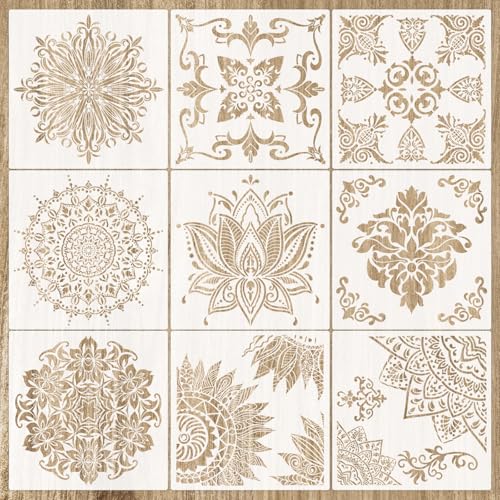 Sxutop 9 Stück Groß Mandala Schablonen Wiederverwendbare Mandala Stencils Kunststoff Mandala Malschablonen Set Mandala Blume Schablonen für DIY Handwerk Wände Möbel Dekor (30x30cm) von Sxutop