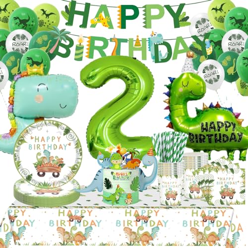 Dino Geburtstag Deko 2 Jahre,Dinosaurier Partygeschirr Geburtstagsdeko, Geburtstagsdeko 2 Jahre Junge, Dino Ballons Servietten etc Geburtstagsdeko Supplies für Party Kindergeburtstag Deko 16 Gäste von Sxzgea