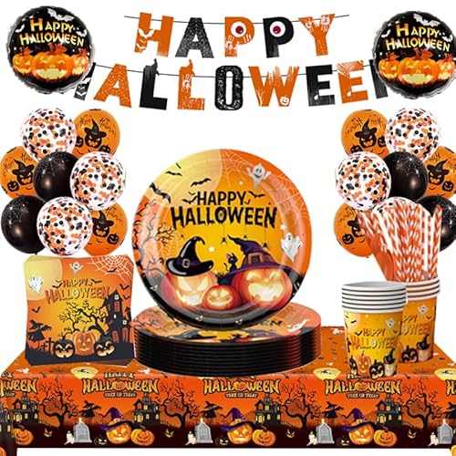 Halloween Geschirr Set,Halloween Party Deko, Halloweens Partygeschirr Set,85 Pcs Party Geschirrset mit Tischdecke,Pappteller,Pappbecher,Luftballons für Gruselparty Deko 16 Gäste von Sxzgea