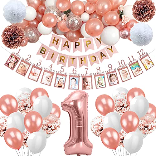 1 Geburtstag Deko Mädchen , Deko 1. Geburtstag Mädchen,1. Geburtstag Rosegold mit Deko 1. Geburtstag Ballons, Geburtstagsdeko 1 Photo Banner von Sxzgea