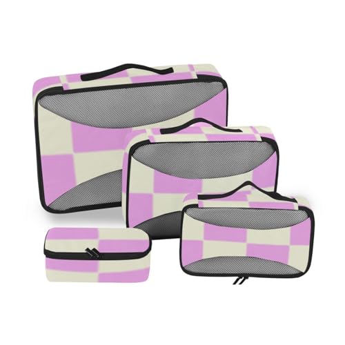 4-teiliges Organizer-Set, Reisekoffer, Netzstoff, Reiseutensilien, leichtes Packwürfel-Set, Violett / Beige von SyXIOP