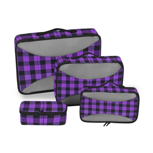4-teiliges Organizer-Taschen-Set im Vintage-Stil, violett, Büffelkariert, Netzstoff, Reiseutensilien, tragbare Gepäckverpackungswürfel von SyXIOP
