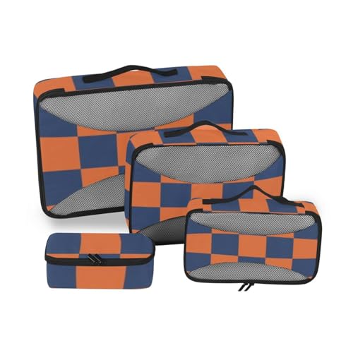 4-teiliges Organizer-Taschen für Reiseutensilien aus Netzstoff, Orange und Blau, American Plaid von SyXIOP