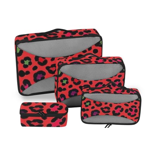 4-teiliges Set aus Gepäck-Organizer-Taschen, Netzstoff, Reiseutensilien, erweiterbare Packwürfel für Damen, Leopardenmuster, Rot von SyXIOP
