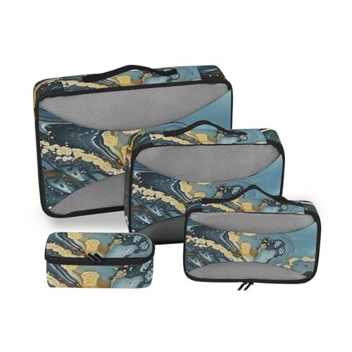 4-teiliges Set aus blauem und goldenem Marmor, Aufbewahrungsbox, Netzstoff, Reiseutensilien, leichte Gepäckverpackungswürfel von SyXIOP