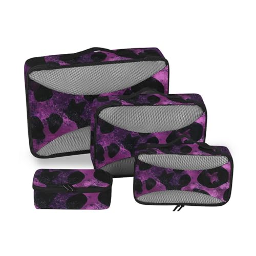 4-teiliges Set aus schwarzem und violettem Leopardenmuster, Organizer für Gepäck, Netzstoff, Reiseutensilien, leichte Packwürfel für Koffer von SyXIOP