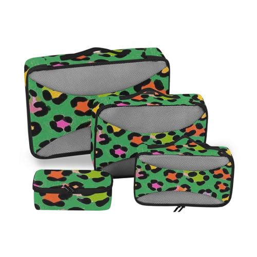 4-teiliges Set mit Organizern für Reisen, Netzstoff, Reiseutensilien, erweiterbare Packtaschen, Leopardenmuster, Grün, 4 Stück von SyXIOP