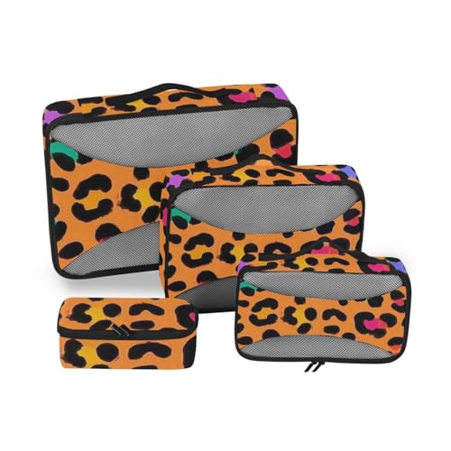 4-teiliges Set mit Organizern für Reisen, Netzstoff, Reiseutensilien, erweiterbare Packwürfel zum Mitnehmen, Leopardenmuster, Orange, 4 Stück von SyXIOP