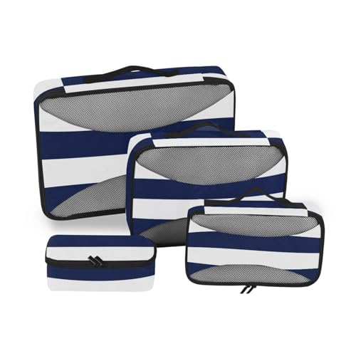 4-teiliges Set mit horizontalen Streifen, Gepäck-Organizer, Taschen, Netzstoff, Reiseutensilien, leichtes Set, Kompressions-Verpackungswürfel, Blau und Weiß von SyXIOP