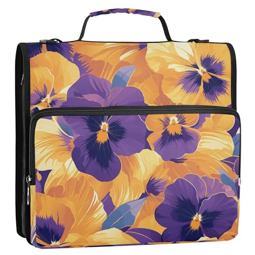 Abstrakte orange-violette Stiefmütterchen mit Blumen, 3 Ringe, 3,8 cm, Organizer mit Schultergurt, mehrere Taschen, Schulbedarf, Organizer, geeignet für Mittelschule, Carpeta del organizador von SyXIOP