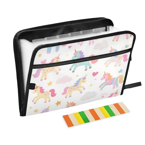 Akkordeon-Aktenordner mit niedlichen Cartoon- und bunten Einhörnern, 13 Taschen, A4, Briefgröße mit Reißverschluss, für Büro, Dokumente, Organizer, Carpetas de von SyXIOP
