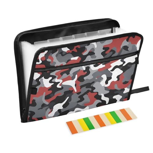 Akkordeon-Dokumentenmappe, A4-Format, A4, mit Reißverschluss, für Papiere, Aktenordner, Tarnmuster, Grau / Rot / Schwarz Akkordeon-Dokumentenmappe, A4-Format, A4, mit Reißverschluss, für Papiere, Aktenordner, Tarnmuster, Grau / Rot / Schwarz von SyXIOP