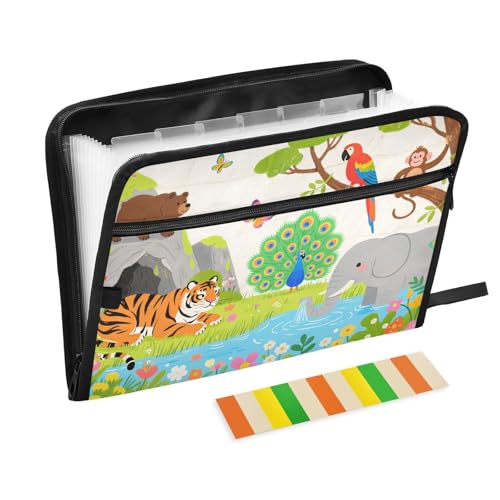 Aktenmappe mit Elefantenmotiv, Tiger und Bär, 13 Taschen, A4, Briefgröße mit Reißverschluss, für Büro, Aktenordner, Grau Aktenmappe mit Elefantenmotiv, Tiger und Bär, 13 Taschen, A4, Briefgröße mit Reißverschluss, für Büro, Aktenordner, Grau von SyXIOP