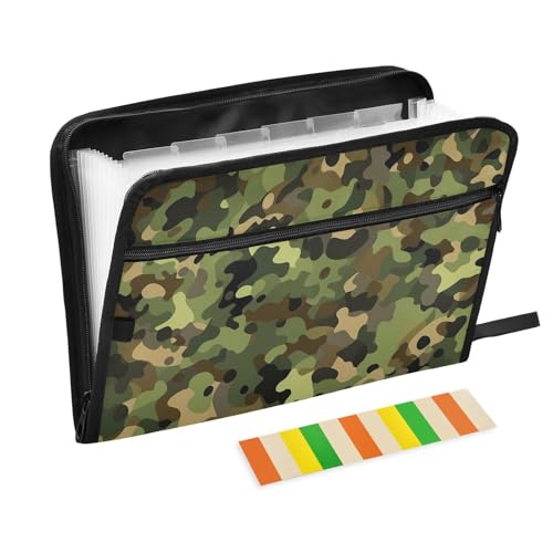Aktenordner, 13 Fächer, A4, Briefgröße mit Reißverschluss, für Büro, Ordner, Organizer mit Taschen, Camouflage-Muster, Grün Aktenordner, 13 Fächer, A4, Briefgröße mit Reißverschluss, für Büro, Ordner, Organizer mit Taschen, Camouflage-Muster, Grün von SyXIOP