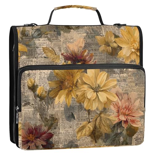 Alte Zeitung Blumen Gelb Retro 3 Ringe 3,8 cm Ordner mit extra Taschen mit Schultergurt Wasserdicht Dokumente Dateien Aufbewahrungstasche für Mittelschüler Carpeta de Cremallera von SyXIOP