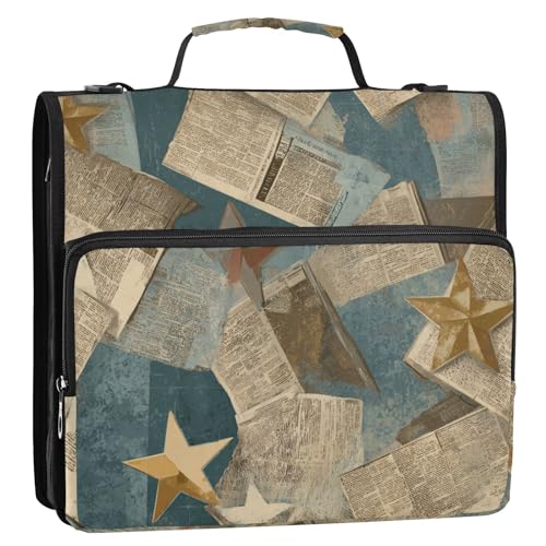 Alte Zeitung Gold Sterne Retro 3 Ringe Ordner mit extra Taschen mit Griff und abnehmbarem Schultergurt inklusive Reißverschlusstasche Dokumentenmappe Organizer für Schule/Büro Gestor de documentos von SyXIOP