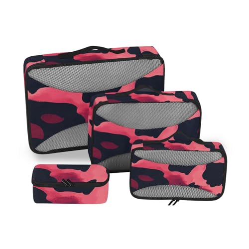 Aufbewahrungswürfel, Tierhaut, Leopardenmuster, Rot, Schwarz, 4-teiliges Set, würfelförmig, Netzstoff, Reiseutensilien, erweiterbare Packwürfel für Reisen von SyXIOP