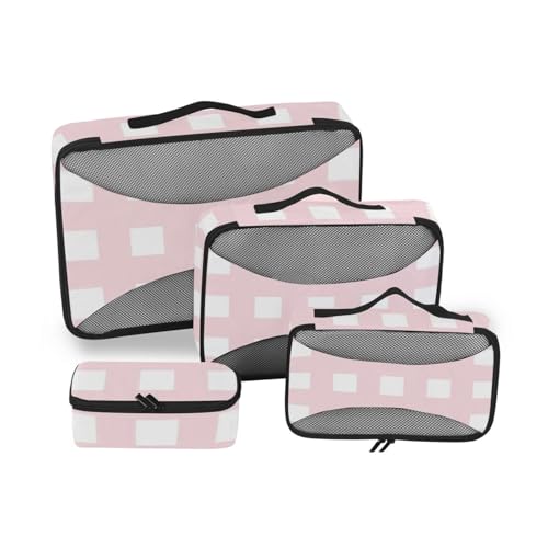 Beutelorganizer mit rosa Karomuster, 4-teiliges Set, Netzstoff, Reiseutensilien, leichter Kompressions-Verpackungswürfel von SyXIOP