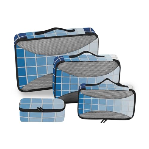 Blau-zu-weißer Farbverlauf, 4-teiliges Set, Organizer, Reiseetui, Netzstoff, Reiseutensilien, tragbare große Packwürfel von SyXIOP
