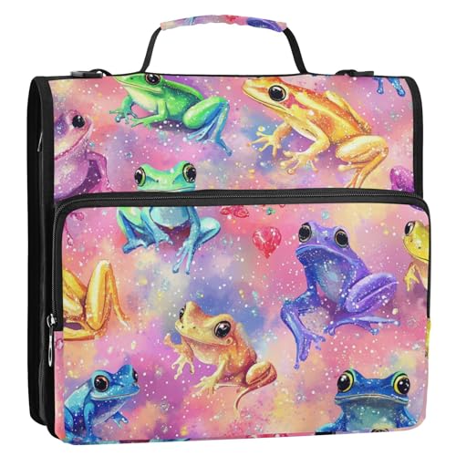 Bunte Frösche, glänzend, 3,8 cm, 3 Ringe, Reißverschluss, Ordner mit Griff und abnehmbarem Schultergurt, mehrere Taschen, tragbar, für Zuhause, Reisen, sichere Aufbewahrungstasche für Schule und Büro von SyXIOP