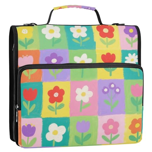 Bunte und schöne karierte Blumen, Organizer mit 3 Ringen, mit Schultergurt und Griff, inklusive Reißverschlusstasche, Dokumentenmappe, Organizer für Schule, Clip de Cremallera Resistente von SyXIOP