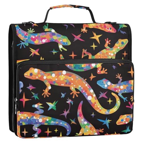 Bunter Salamander-Ordner mit 3 Ringen, 3,8 cm, mit Reißverschluss, mit Schultergurt, leicht zu transportieren, Dokumentenmappe, Organizer, geeignet für Mittelschule, Bolsa de almacenamiento de von SyXIOP