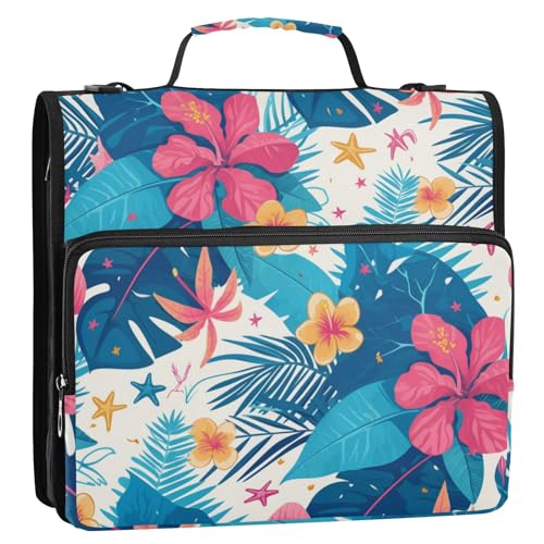 Carpeta de Cremallera Ringbuch mit tropischen Blättern, rote Hibiskusblumen, Seestern, Hawaii, 3,8 cm, 3 Ringe, Organizer mit Schultergurt und Griff, Laege Kapazität, Portfolio-Ordner für Schule und Carpeta de Cremallera Ringbuch mit tropischen Blättern, rote Hibiskusblumen, Seestern, Hawaii, 3,8 cm, 3 Ringe, Organizer mit Schultergurt und Griff, Laege Kapazität, Portfolio-Ordner für Schule und von SyXIOP