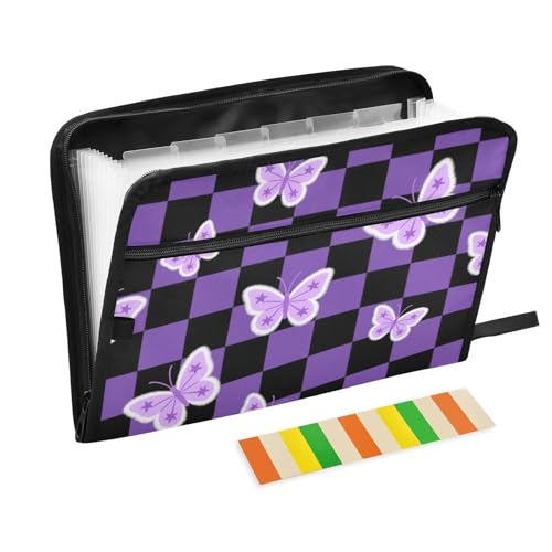 Carpeta de Dokumentenmappe mit Schmetterlingen, 13 Fächer, A4, Briefgröße mit Reißverschluss, für Büro, Fächermappe, schwarz / violett, kariert, mit Etiketten Carpeta de Dokumentenmappe mit Schmetterlingen, 13 Fächer, A4, Briefgröße mit Reißverschluss, für Büro, Fächermappe, schwarz / violett, kariert, mit Etiketten von SyXIOP
