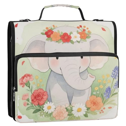 Cartoon Green Elephant 3,8 cm 3-Ringe, stabiler Reißverschluss, Ordner mit Griff und abnehmbarem Schultergurt, mehrere Taschen, tragbares Portfolio für Mittelschüler, Cartera con cremallera von SyXIOP