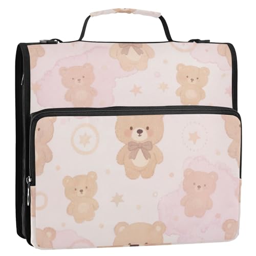 Cartoon-Teddybär-Ordner-Organizer mit 3 Ringen, mit Griff und abnehmbarem Schultergurt, mehrere Taschen, Reißverschluss, Portfolio für Mittelschüler, Carpeta con Bolsillo Extra von SyXIOP