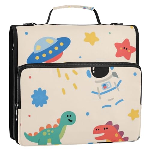 Cartoon und niedliche bunte Dinosaurier-Planeten, 3 Ringe, 3,8 cm, Ordner mit extra Taschen mit Schultergurt, inklusive Reißverschlusstasche, Dokumenten-Aufbewahrungstasche für Schule, Carpeta con von SyXIOP