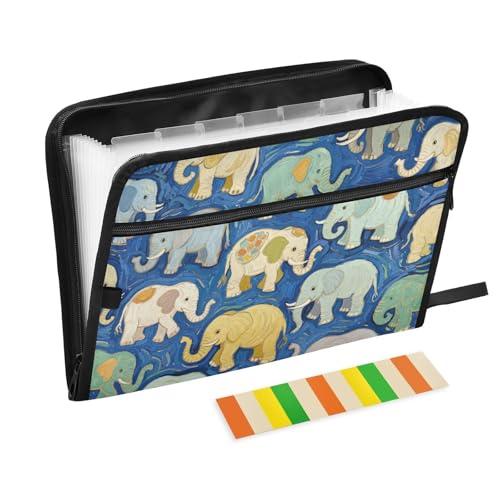 Dokumentenmappe, Motiv: blauer Elefant, 13 Taschen, A4, Briefgröße mit Reißverschluss, für Papiere, Fächermappe, Organizer, Carpeta de von SyXIOP