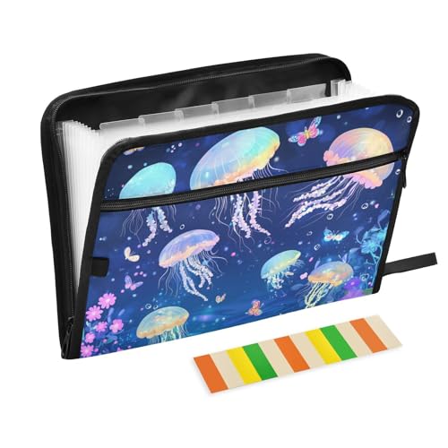 Dokumentenmappe mit Cartoon-Quallen, 13 Taschen, A4, Briefgröße mit Reißverschluss, für Dokumentenaufbewahrung, Ordner mit Verschluss, Blau von SyXIOP
