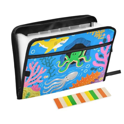 Dokumentenmappe mit niedlichem und buntem Haifisch/Meerestier, erweiterbar, 13 Fächer, A4, Briefgröße mit Reißverschluss, für Bürobedarf, Ordner mit Taschen Dokumentenmappe mit niedlichem und buntem Haifisch/Meerestier, erweiterbar, 13 Fächer, A4, Briefgröße mit Reißverschluss, für Bürobedarf, Ordner mit Taschen von SyXIOP