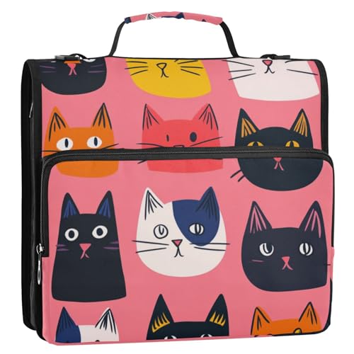 Einfache Cartoon-Katzen-Illustration, 3,8 cm, 3 Ringe, Ordner, Reißverschluss mit Riemen, mehrere Taschen, Dokumenten-Aufbewahrungstasche, für Schule/Büro, Paquete de gestión de documentos von SyXIOP
