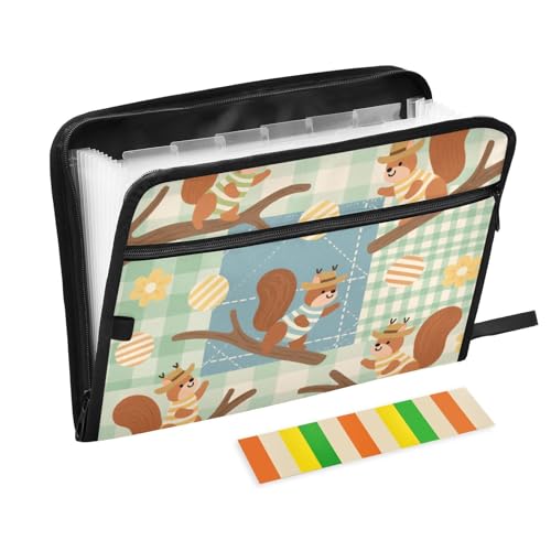 Fächermappe mit Cartoon-Eichhörnchen, Grün, kariert, Akkordeon, 13 Taschen, A4, Briefgröße mit Reißverschluss, für Zuhause, Büro, mehrere Fächer, Expando Fächermappe mit Cartoon-Eichhörnchen, Grün, kariert, Akkordeon, 13 Taschen, A4, Briefgröße mit Reißverschluss, für Zuhause, Büro, mehrere Fächer, Expando von SyXIOP