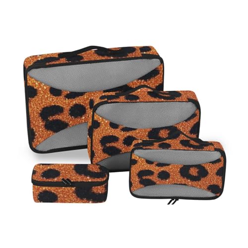 Gefälschtes Glitzer-Leopardenmuster, Orange, 4-teiliges Set, Gepäck-Organizer, Taschen, Netzstoff, Reiseutensilien, tragbares Packwürfel-Set von SyXIOP