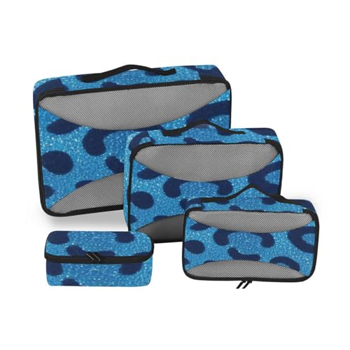 Gefälschtes Glitzer-Leopardenmuster, blau, 4-teiliges Set, würfelförmige Aufbewahrungsbox, Netzstoff, Reiseutensilien, leichte Packwürfel von SyXIOP