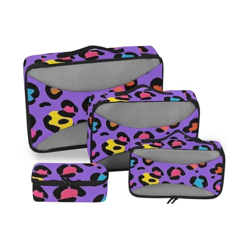 Gepäck-Organizer-Taschen, Leopardenmuster, Violett, 4-teiliges Set, Netzstoff, Reiseutensilien, leichte Reisewürfel zum Verpacken von SyXIOP