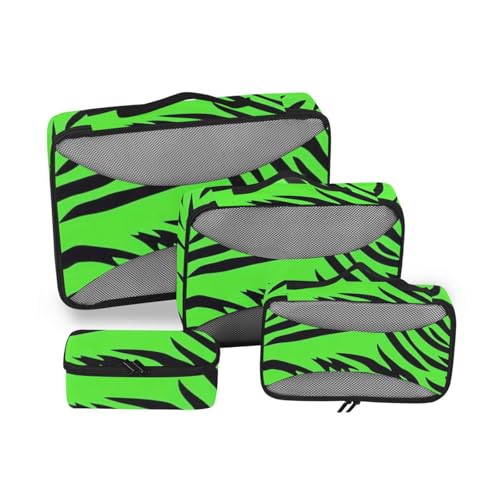 Gepäck-Organizer-Taschen, fluoreszierendes grünes Tigerfell, 4-teiliges Set, Netzstoff, Reiseutensilien, erweiterbare Taschen zum Verpacken von SyXIOP