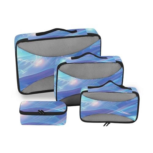 Glänzende leuchtende verschwommene Lichtstreifen und Wirbel, 4-teiliges Set, Organizer, Reiseetui, Netzstoff, Reiseutensilien, erweiterbare Packwürfel von SyXIOP